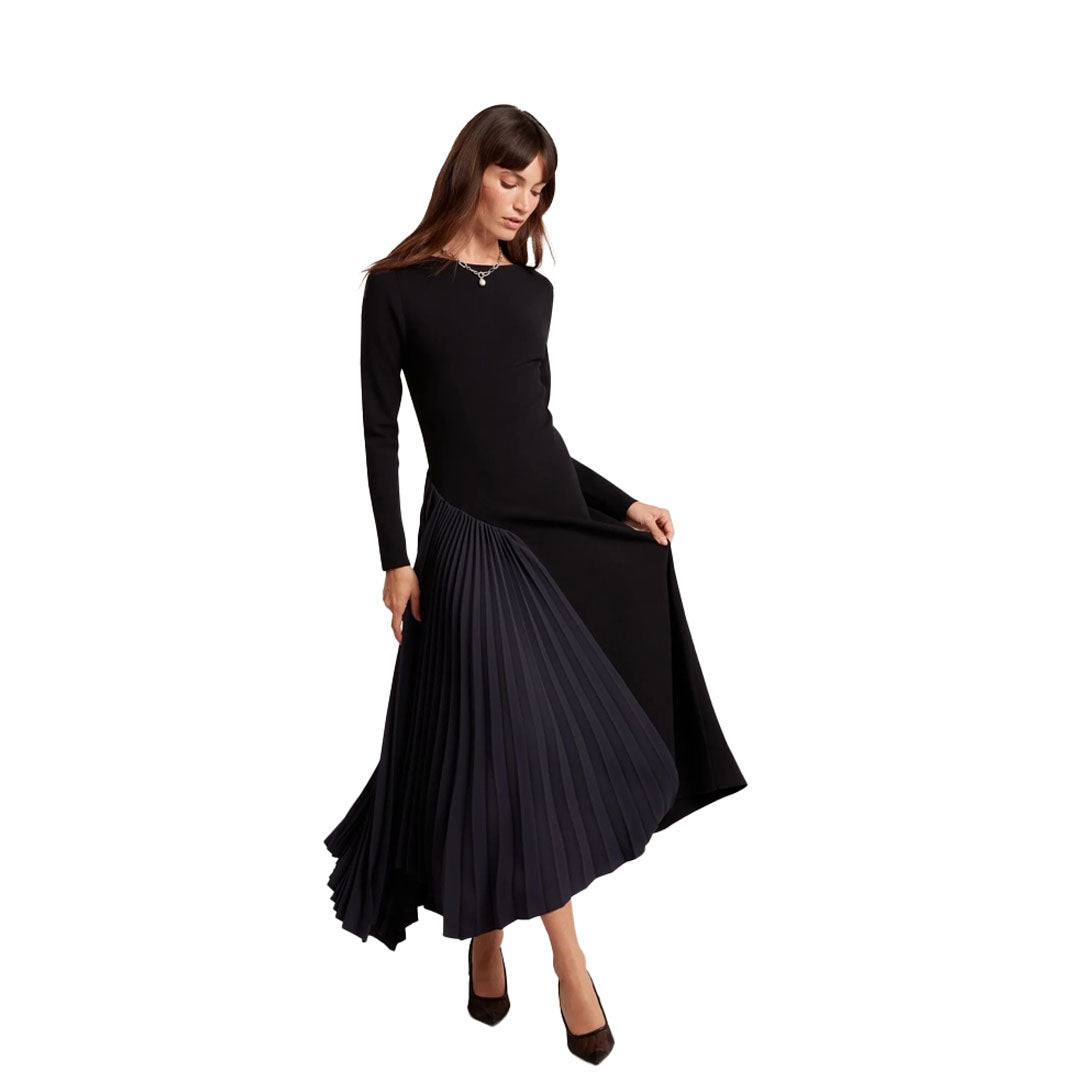 Fustan Long Sleeve Knit Midi Dress with Pleat P